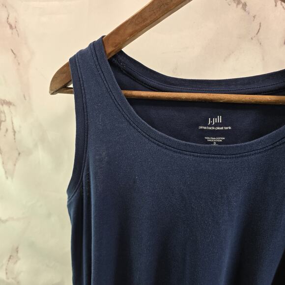 J Jill Shirt Womens Small Petite Tank Top Navy Pima Back Pleat Scoop Neck Tee T - Picture 2 of 8